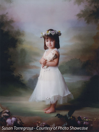 Printed Gentle Valley backdrop featuring soft pastels and forest scenery, shown in a styled shoot with a young girl model in a floral crown.