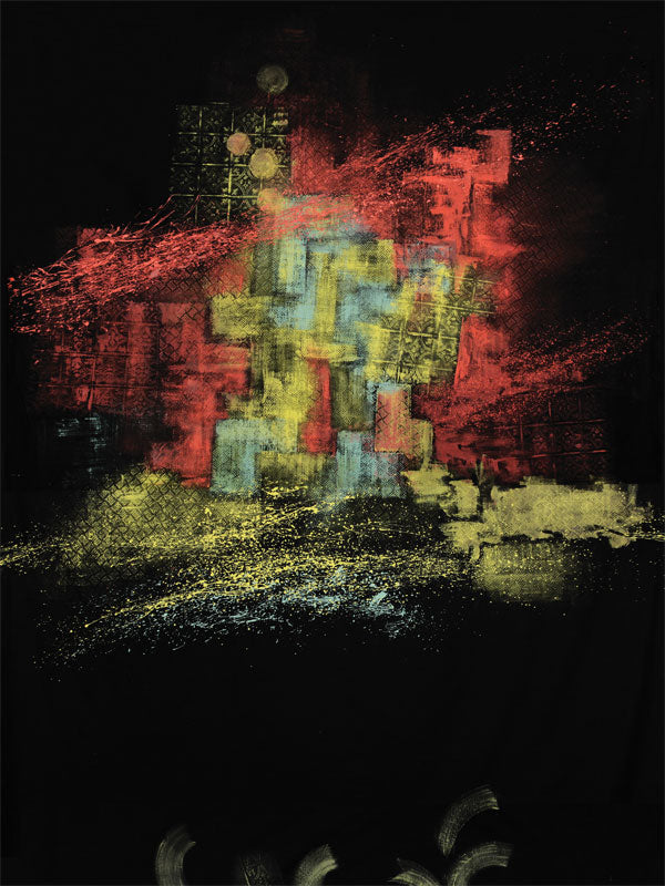 Printed photography backdrop featuring layered red, yellow, and blue blocks on black, ideal for bold studio portraits.