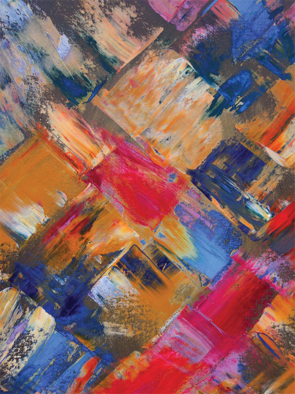 Abstract geometric studio backdrop with multicolor brushstroke blocks in red, mustard, and blue, ideal for creative portrait photography and editorial shoots.