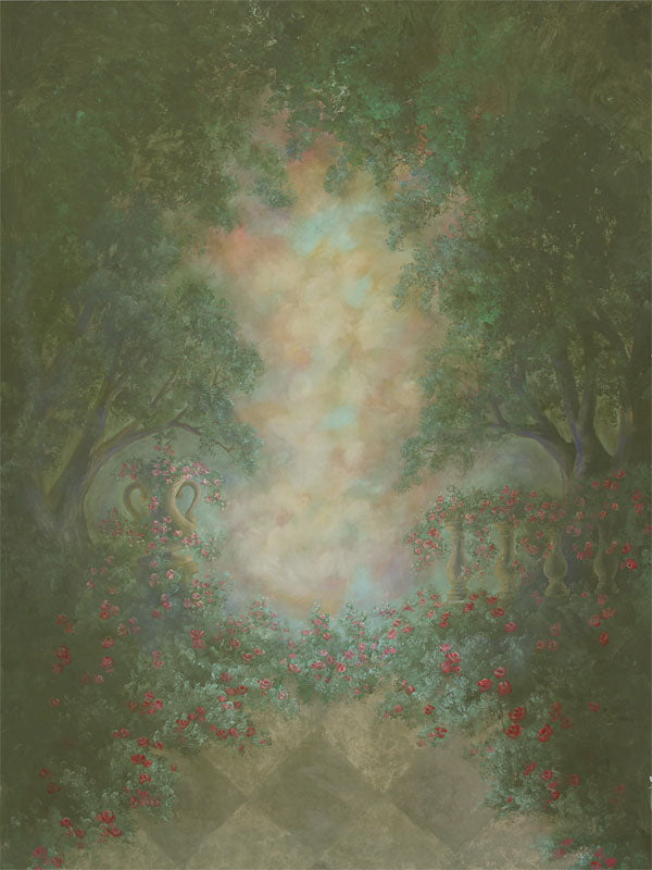 Painterly garden photography backdrop with roses, trees, and glowing mist center, ideal for romantic and formal portrait sessions.