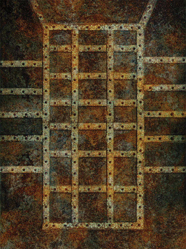 Rusted metal panel photography backdrop with rivet grid design, ideal for creating gritty urban senior portraits or edgy editorial sets.