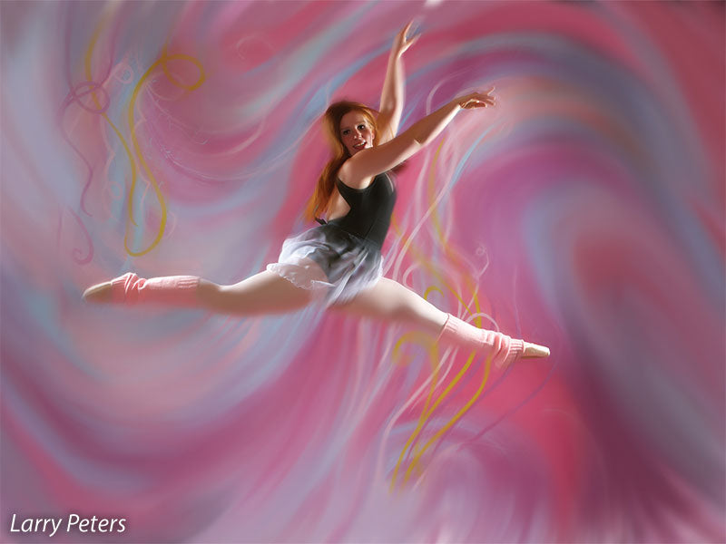 Dancer captured mid-jump in front of dynamic pink and pastel backdrop with swirling gold accents, designed for dance studio photography.